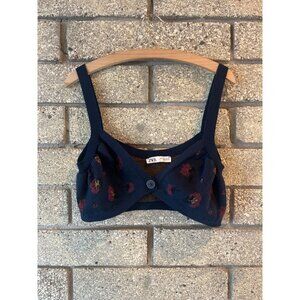 Zara Navy Blue Floral Knit Crop Top With Button Detail